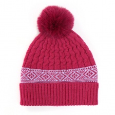 Rich Pink Cable Knit Diamond Border Bobble Hat by Peace of Mind